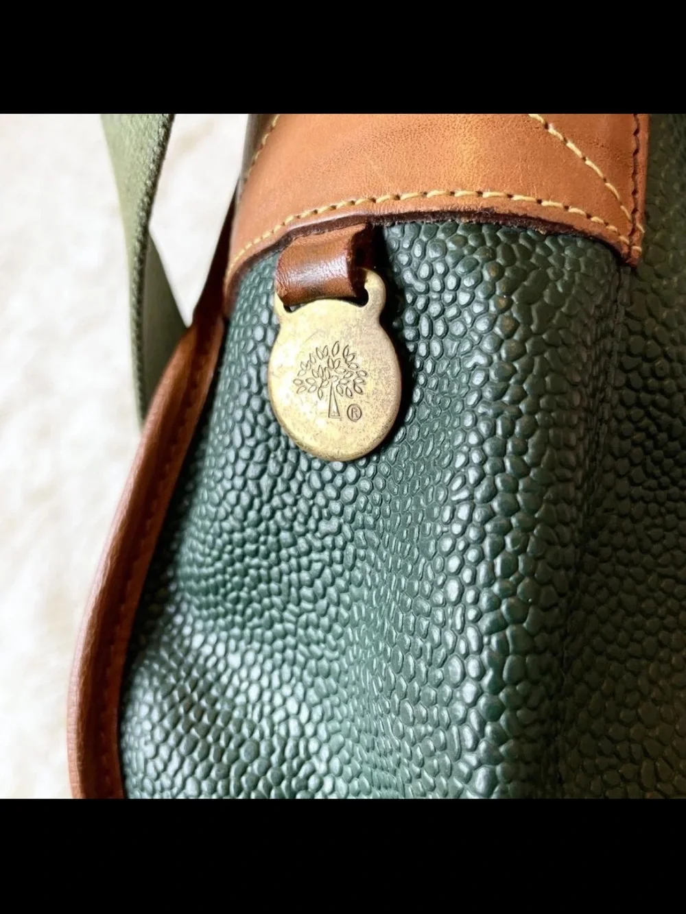 Mulberry Green Leather Messenger Bag with Brown Trim